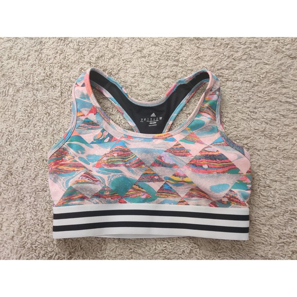 (V) adidas RARE MULTICOLOR Women’s Sz MEDIUM All-Over Print Sports Bra $79
